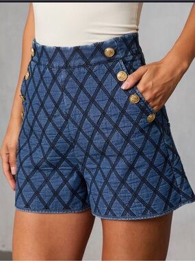 VICI Quilted Denim High-Waisted Shorts | Gold Button Detail | Size Small